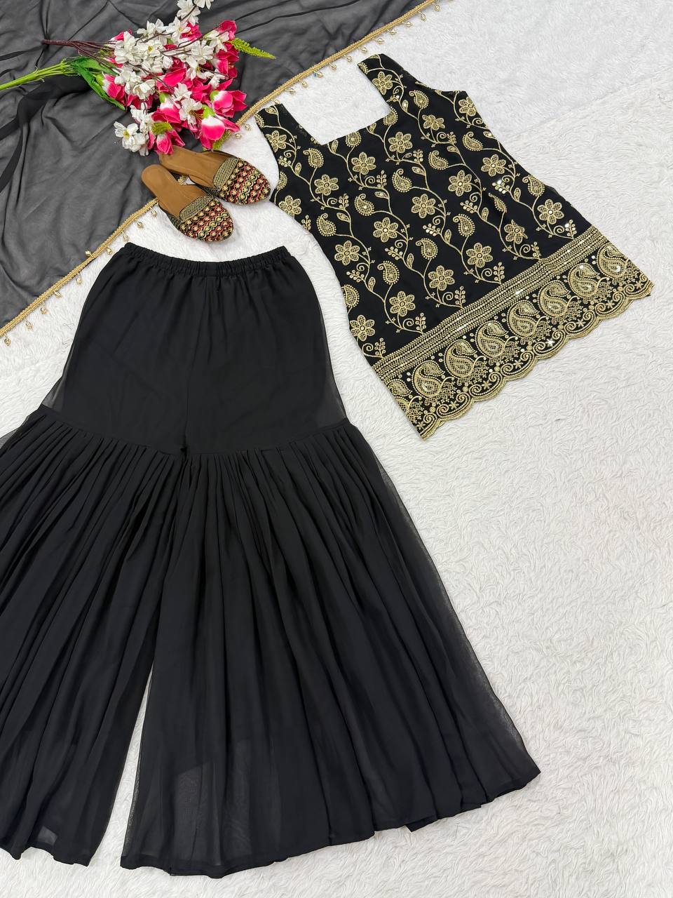 Deep Ruby Floral-Embroidered Silk Set